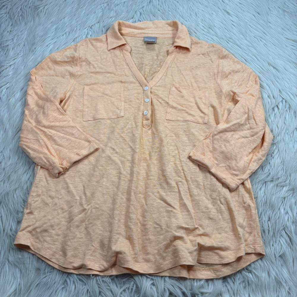 Chico's Women's L (2) Orange 100% Linen Collared Henley Polo 3/4 Sleeve Resort